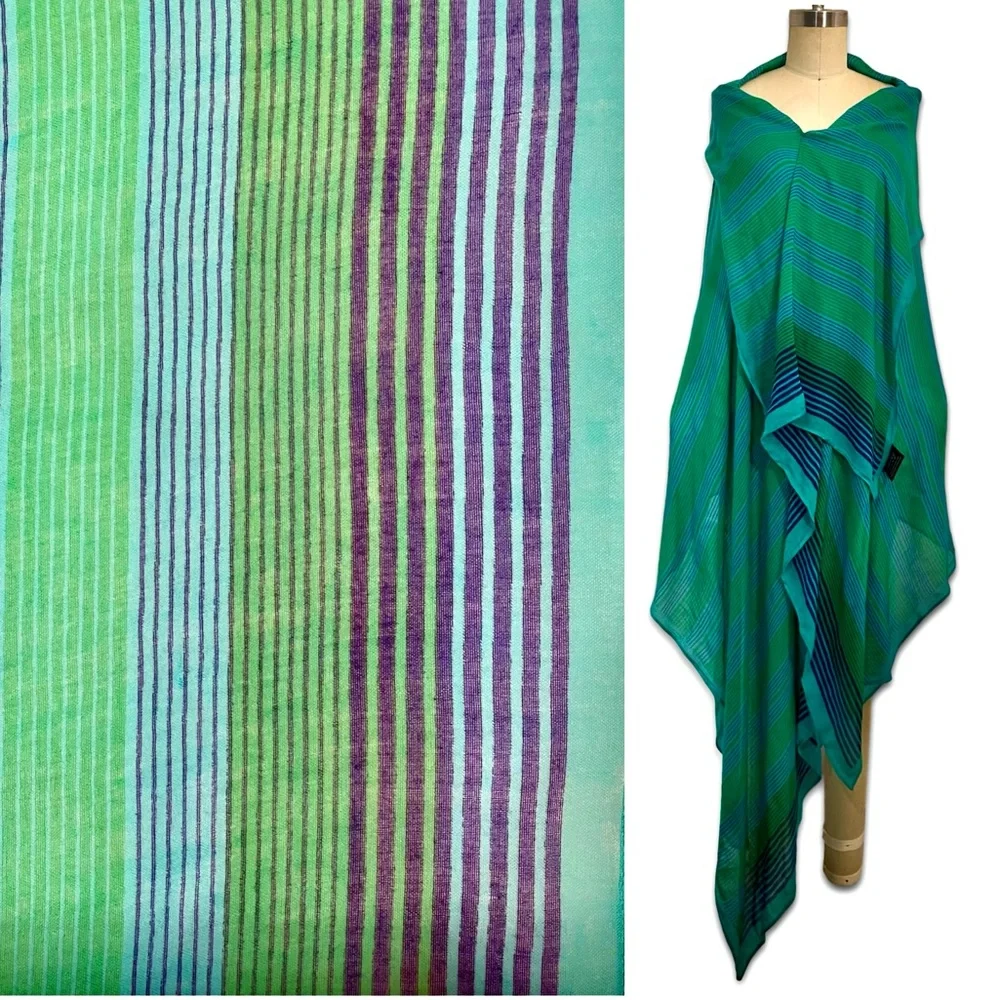 Vintage Extra Large Striped Green and Blue Wrap shawl scarf pareo